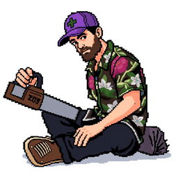 A person wearing a Hawaiian shirt, black pants, and a purple cap is sitting on the ground holding a saw