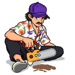 A person wearing a Hawaiian shirt, black pants, and a purple cap is sitting on the ground holding a handsaw