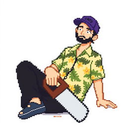 A person wearing a Hawaiian shirt, black pants, and a purple cap is sitting on the ground holding a handsaw