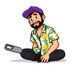 A person wearing a Hawaiian shirt, black pants, and a purple cap is sitting on the ground holding a handsaw