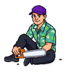 A person wearing a Hawaiian shirt, black pants, and a purple cap is sitting on the ground holding a handsaw