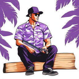 Create an image of a person wearing a Hawaiian shirt, black pants, and a purple cap, sitting on the ground and holding a saw