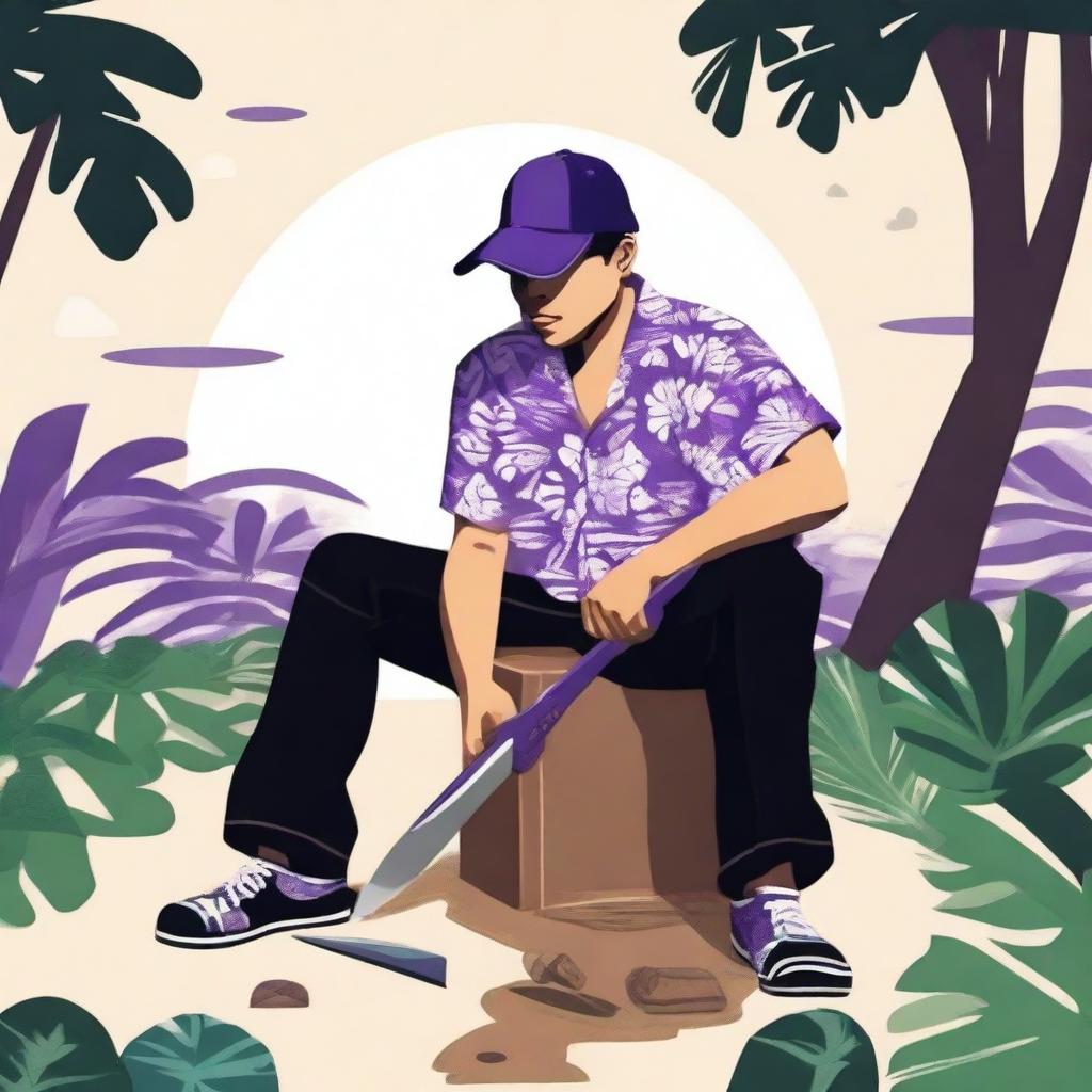 Create an image of a person wearing a Hawaiian shirt, black pants, and a purple cap, sitting on the ground and holding a saw