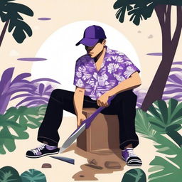 Create an image of a person wearing a Hawaiian shirt, black pants, and a purple cap, sitting on the ground and holding a saw