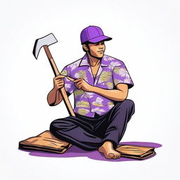 Create an image of a person wearing a Hawaiian shirt, black pants, and a purple cap, sitting on the ground and holding a saw