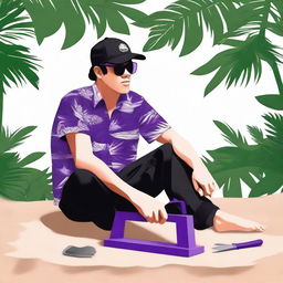 Create an image of a person wearing a Hawaiian shirt, black pants, and a purple cap, sitting on the ground and holding a saw