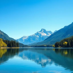 A beautiful landscape featuring a serene lake surrounded by lush green trees and majestic mountains in the background under a clear blue sky