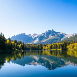 A beautiful landscape featuring a serene lake surrounded by lush green trees and majestic mountains in the background under a clear blue sky