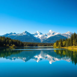 A beautiful landscape featuring a serene lake surrounded by lush green trees and majestic mountains in the background under a clear blue sky