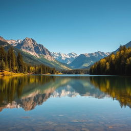 A beautiful landscape featuring a serene lake surrounded by lush green trees and majestic mountains in the background under a clear blue sky