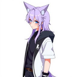 An anime-style guy with modern clothing, long light purple hair with styled bangs, and fox ears