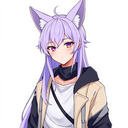 An anime-style guy with modern clothing, long light purple hair with styled bangs, and fox ears