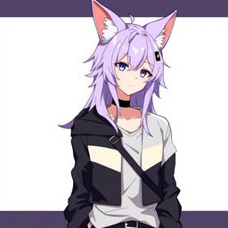 An anime-style guy with modern clothing, long light purple hair with styled bangs, and fox ears