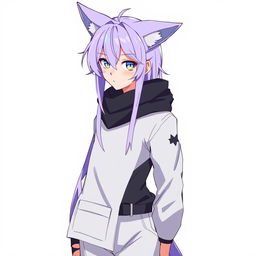 An anime-style guy with modern clothing, long light purple hair with styled bangs, and fox ears