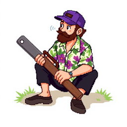 A person wearing a Hawaiian shirt, black pants, and a purple cap is sitting on the ground holding a wood saw