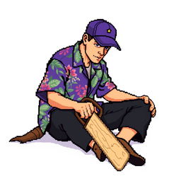 A person wearing a Hawaiian shirt, black pants, and a purple cap is sitting on the ground holding a wood saw