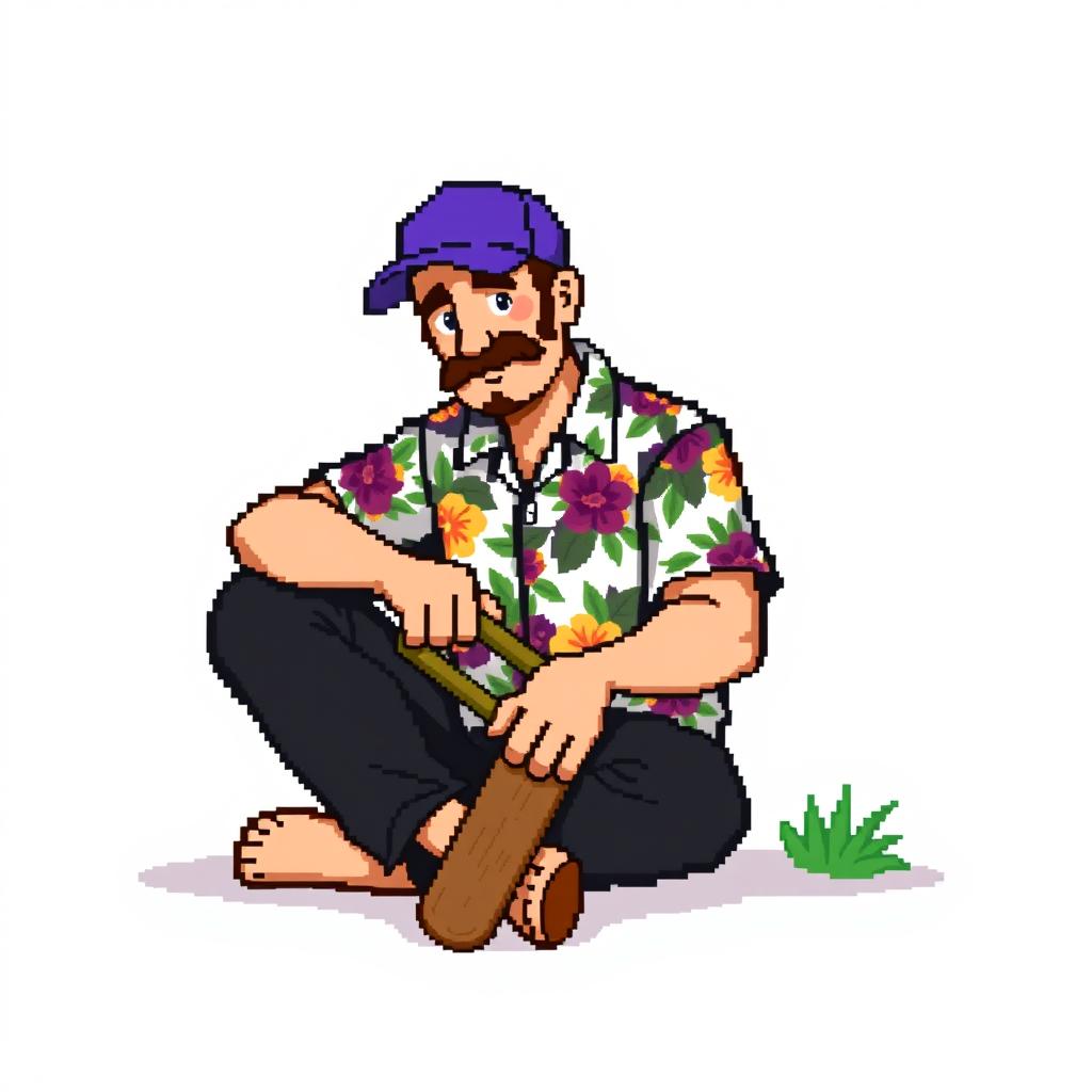 A person wearing a Hawaiian shirt, black pants, and a purple cap is sitting on the ground holding a wood saw