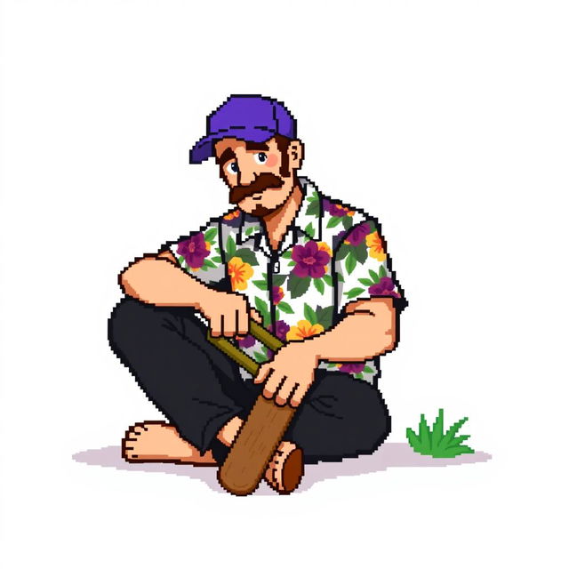 A person wearing a Hawaiian shirt, black pants, and a purple cap is sitting on the ground holding a wood saw