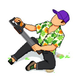 A person wearing a Hawaiian shirt, black pants, and a purple cap is sitting on the ground holding a wood saw