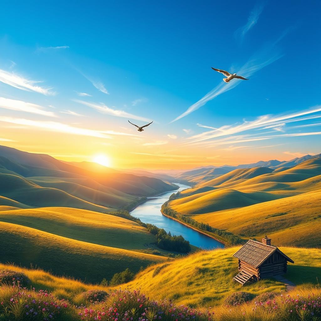 A beautiful landscape with rolling hills, a clear blue sky, and a vibrant sunset