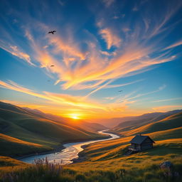 A beautiful landscape with rolling hills, a clear blue sky, and a vibrant sunset