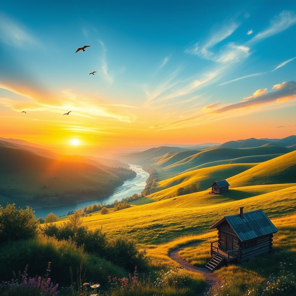 A beautiful landscape with rolling hills, a clear blue sky, and a vibrant sunset