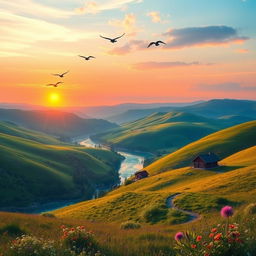 A beautiful landscape with rolling hills, a clear blue sky, and a vibrant sunset