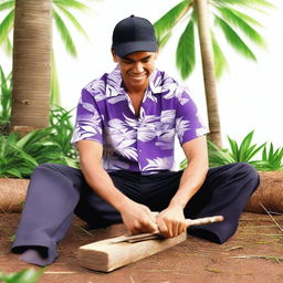 Create an image featuring a person wearing a Hawaiian shirt, black pants, and a purple cap, sitting on the ground with a wood saw in their hands