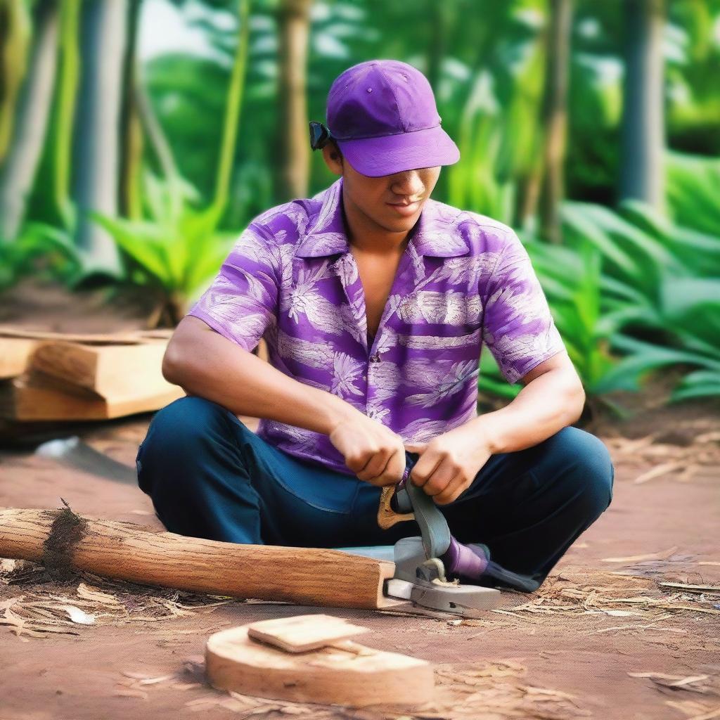 Create an image featuring a person wearing a Hawaiian shirt, black pants, and a purple cap, sitting on the ground with a wood saw in their hands