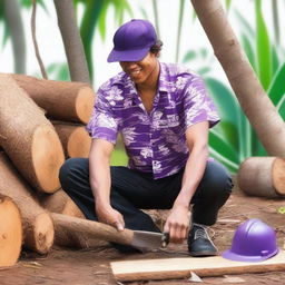 Create an image featuring a person wearing a Hawaiian shirt, black pants, and a purple cap, sitting on the ground with a wood saw in their hands