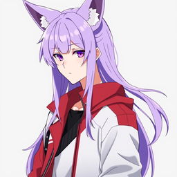 An anime male character with long light purple hair styled with bangs, wearing modern clothing including a red jacket