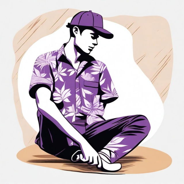 Create a drawing of a person wearing a Hawaiian shirt, black pants, and a purple cap, sitting on the ground and holding a handsaw for wood