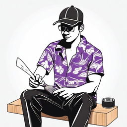 Create a drawing of a person wearing a Hawaiian shirt, black pants, and a purple cap, sitting on the ground and holding a handsaw for wood