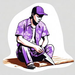 Create a drawing of a person wearing a Hawaiian shirt, black pants, and a purple cap, sitting on the ground and holding a handsaw for wood