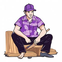 Create a drawing of a person wearing a Hawaiian shirt, black pants, and a purple cap, sitting on the ground and holding a handsaw for wood