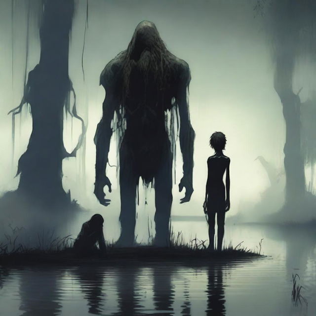 In a dark, misty swamp, an emaciated, long-haired, bearded tall giant with skinny obliques stands towering over a small, skinny, petite male who is kneeling in the water