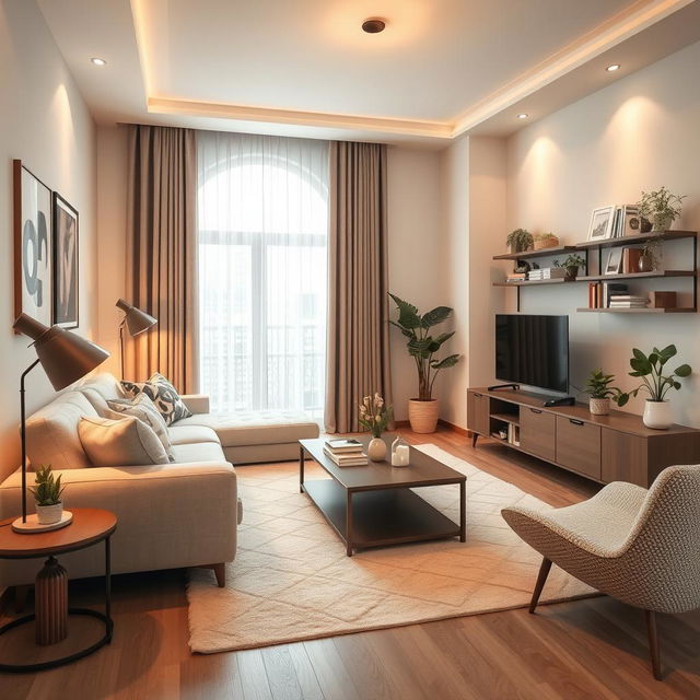 A beautifully designed living room with modern furniture, warm lighting, and tasteful decor