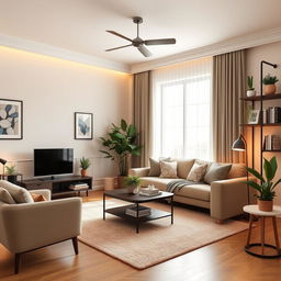 A beautifully designed living room with modern furniture, warm lighting, and tasteful decor