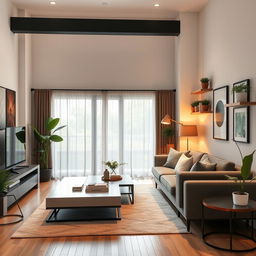 A beautifully designed living room with modern furniture, warm lighting, and tasteful decor