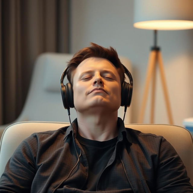 Elon Musk is depicted in a moment of devotion, sitting with his eyes closed and wearing headphones