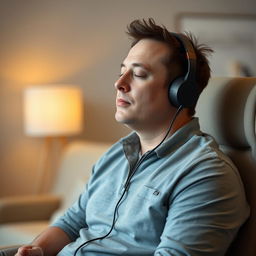 Elon Musk is depicted in a moment of devotion, sitting with his eyes closed and wearing headphones