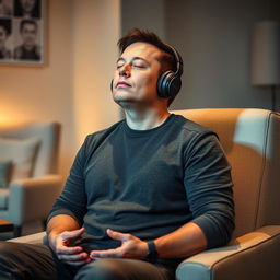 Elon Musk is depicted in a moment of devotion, sitting with his eyes closed and wearing headphones