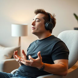 Elon Musk is depicted in a moment of devotion, sitting with his eyes closed and wearing headphones