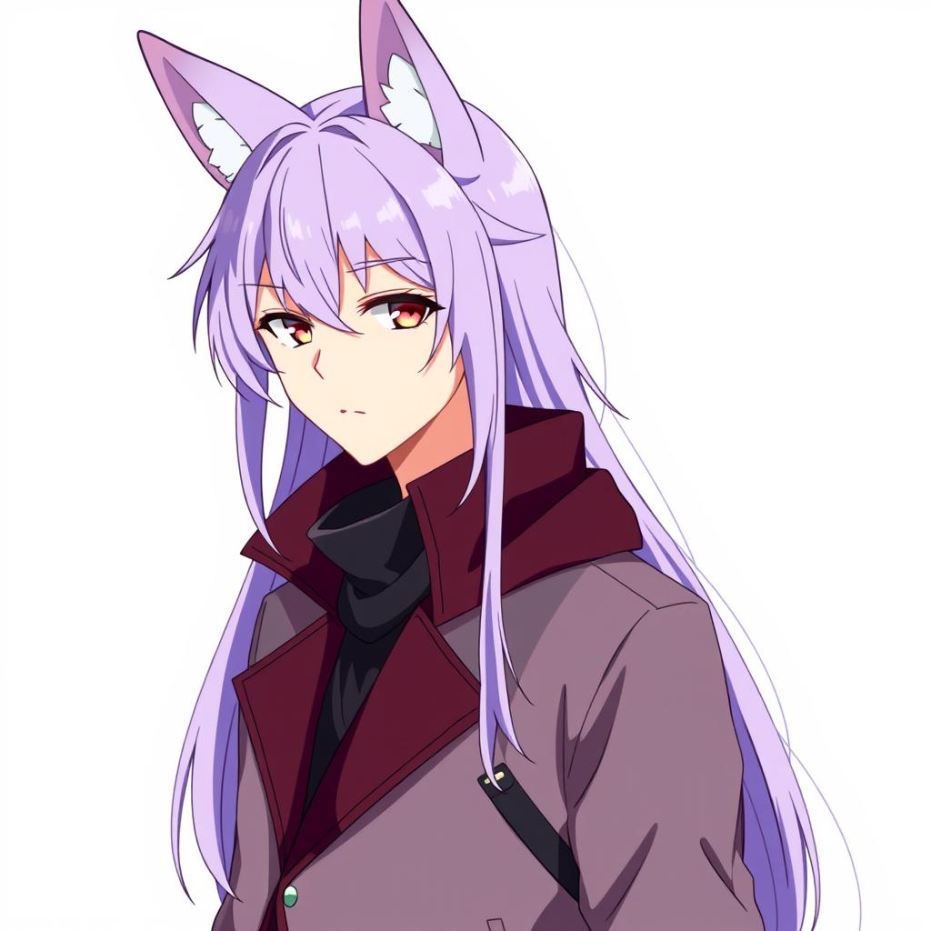 An anime male character with long light purple hair styled with bangs, wearing modern clothing including a full maroon car coat