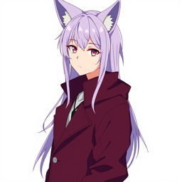 An anime male character with long light purple hair styled with bangs, wearing modern clothing including a full maroon car coat