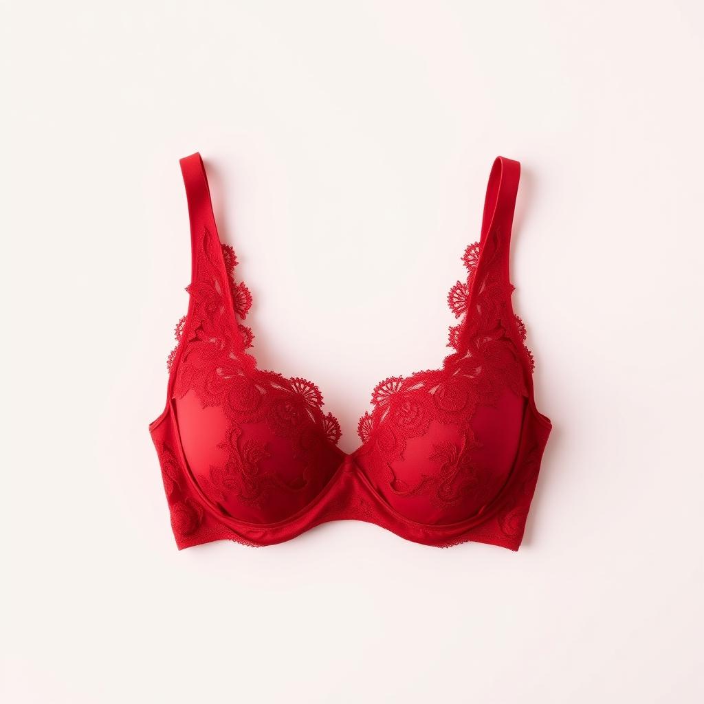 A red bra displayed on a plain background