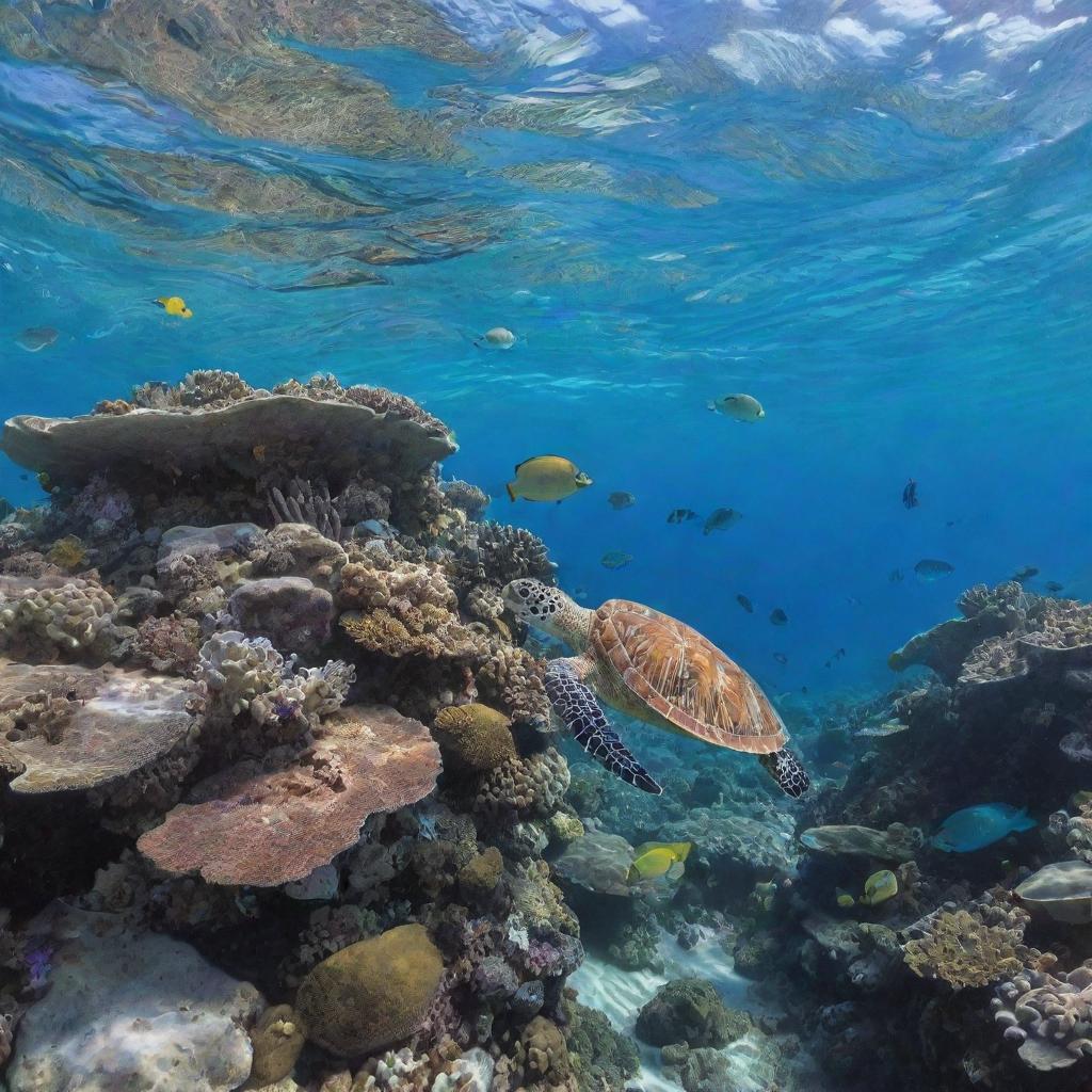 A vibrant coral reef under crystal clear ocean water, teeming with diverse marine life, colorful fishes and sea turtles swimming around.