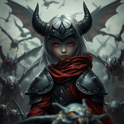 Create an image featuring a young adult girl with silver hair, dressed in black and red armor, and wearing a black horned helmet