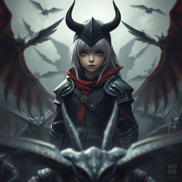 Create an image featuring a young adult girl with silver hair, dressed in black and red armor, and wearing a black horned helmet