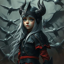 Create an image featuring a young adult girl with silver hair, dressed in black and red armor, and wearing a black horned helmet